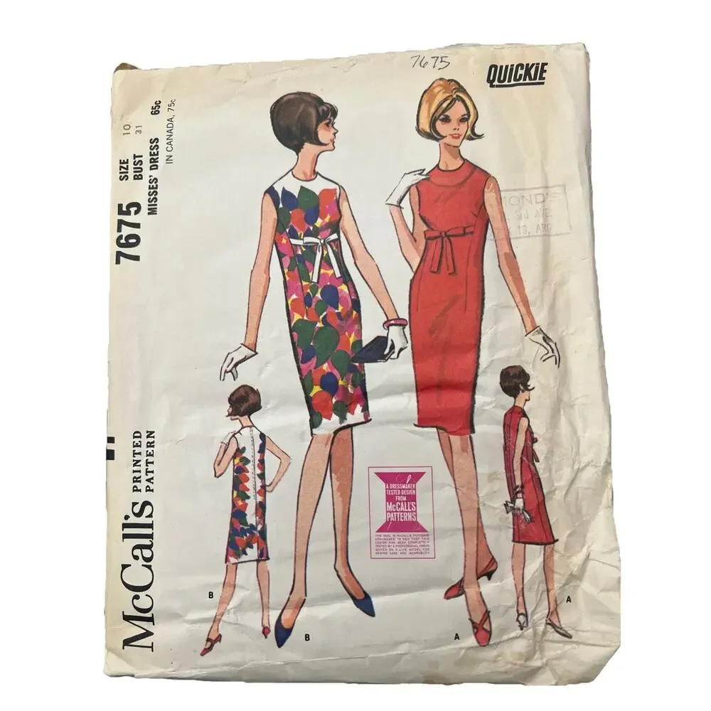 McCall's 7675 Vintage 1960s Pattern UNCUT Misses Dress Sleeveless Size 10 B31